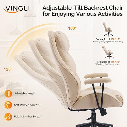 Miniatura 5 de VINGLI Silla de oficina ergonómica ejecutiva de felpilla con reclinable de 100-130, silla de escritorio con respaldo alto con base ajustable,