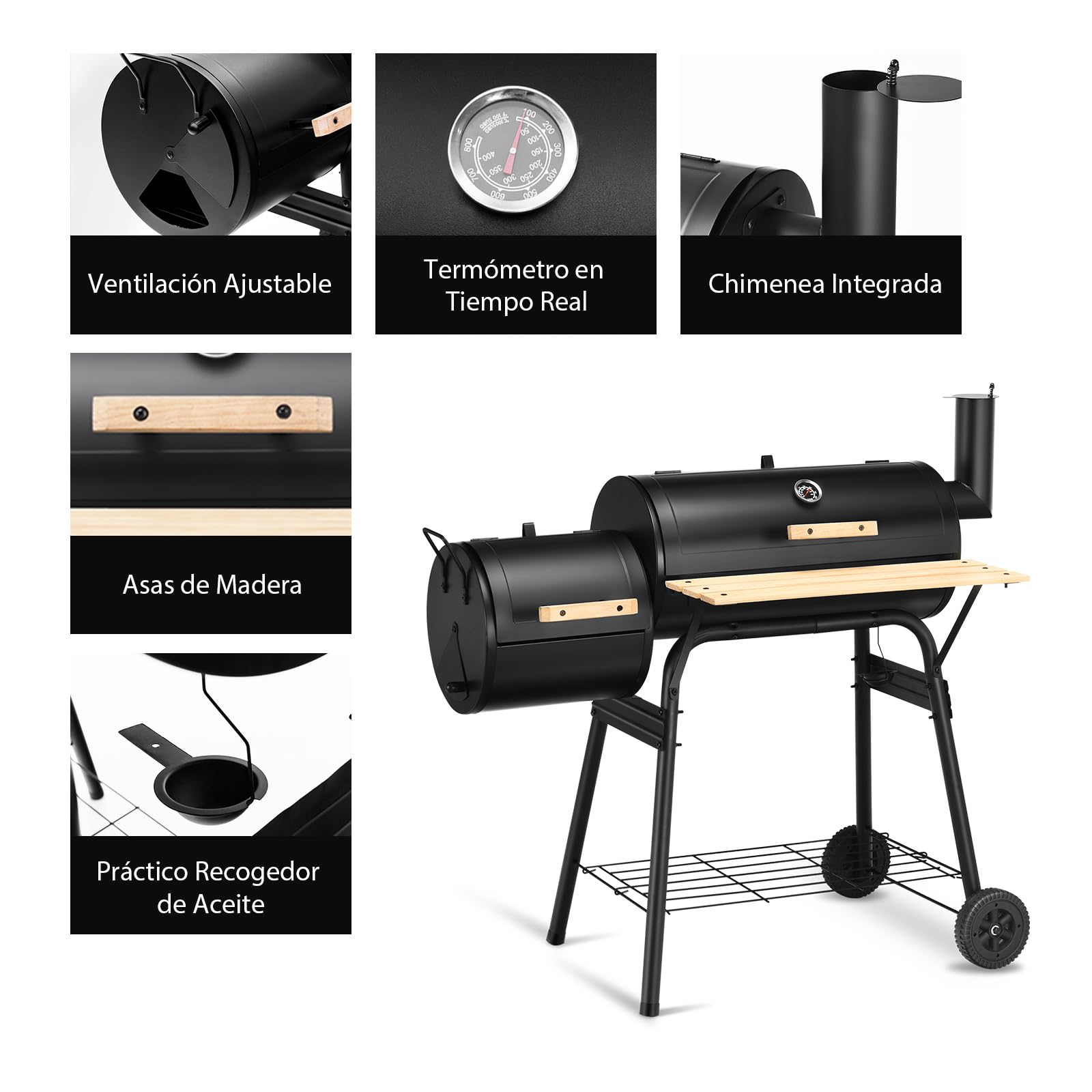 COSTWAY 2 en 1 Barbacoa Carbon, Parrilla de Carbón con 2 Estantes 2 Ruedas y Termómetro, Sistema de Ventilación y Chimenea, Barbacoas de Carbon y Leña