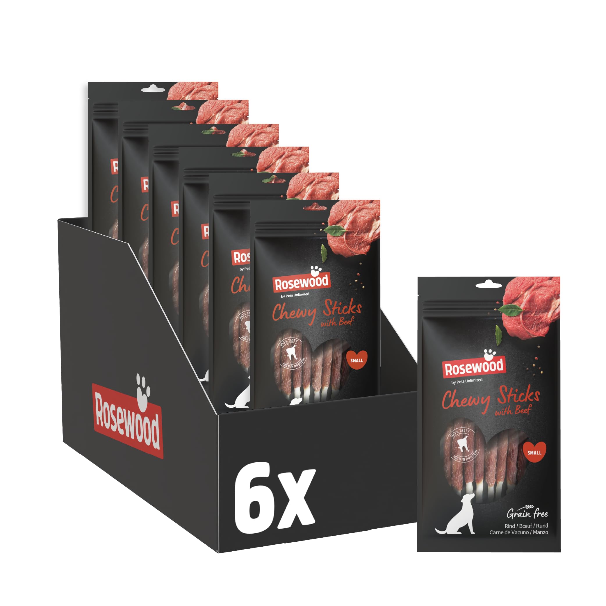 Rosewood Chewy Sticks Manzo Small - Bastoncini da masticare per cani con carne di manzo, supporta la cura dei denti, senza cereali, glutine e additivi artificiali, confezione da 6 (6x72 g)