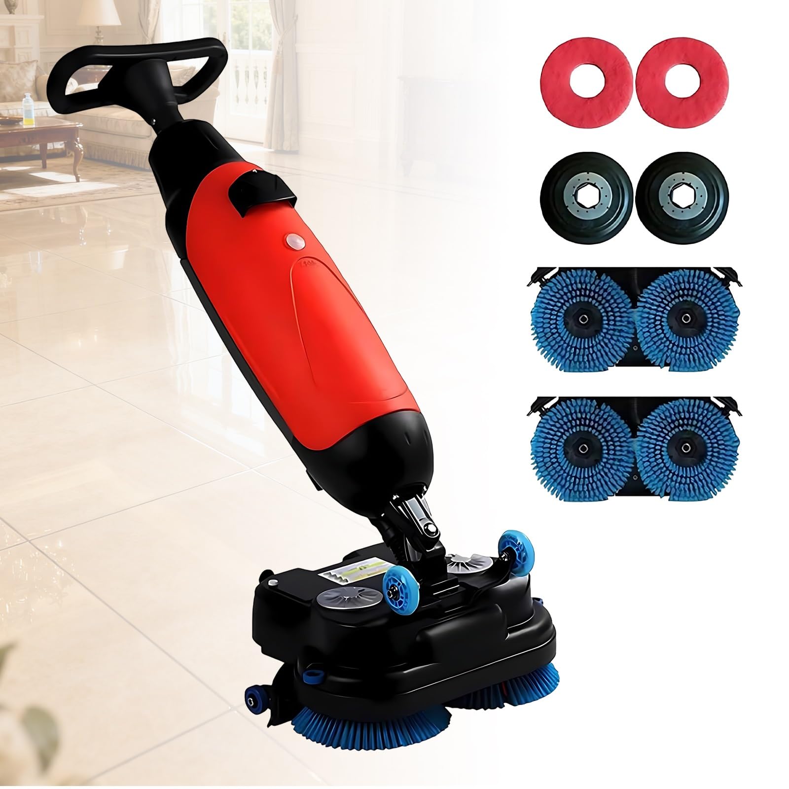 Portable Commercial Floor Scrubber Machine, 18" Cordless Walk-Behind Scrubber, Quiet Dual-Brush Battery Powered Buffer Polisher for Large Area Cleaning in Gym, Yoga Studio and Coffee Shop(Red)
