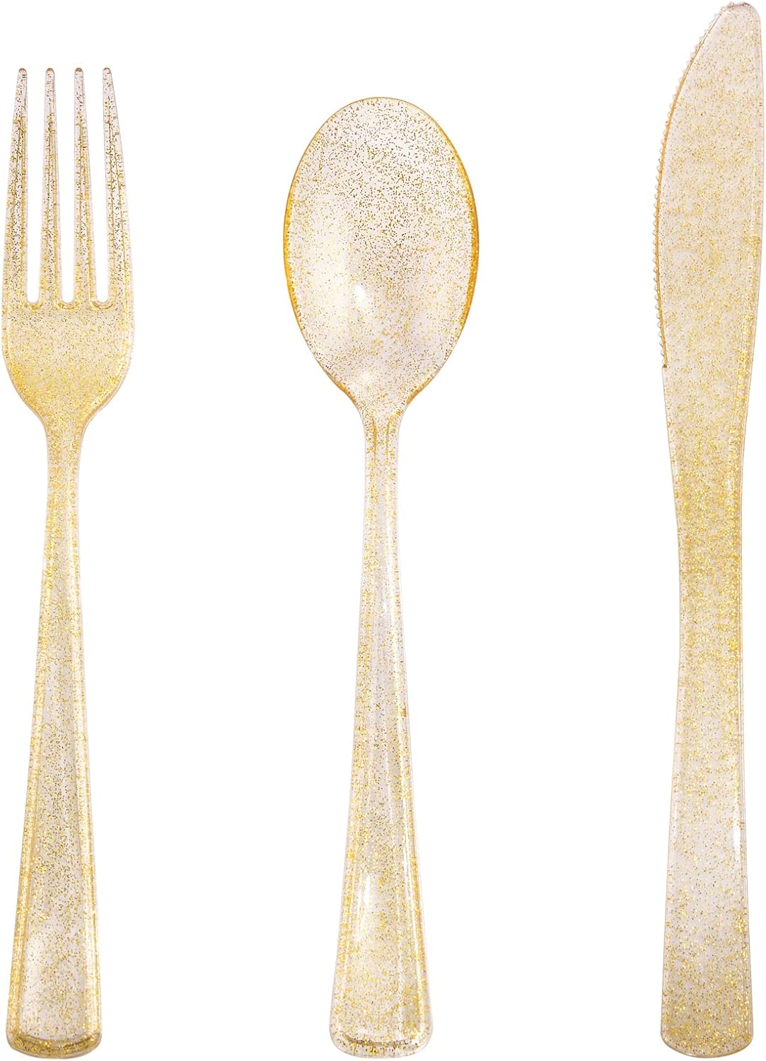 Supernal 300 Gold Plastic Silverware, Disposable Plastic Utensils, Disposable Gold Glitter Dinnerware,Clear and Gold Plastic Silverware, Perfect for Birthday,Party,Wedding