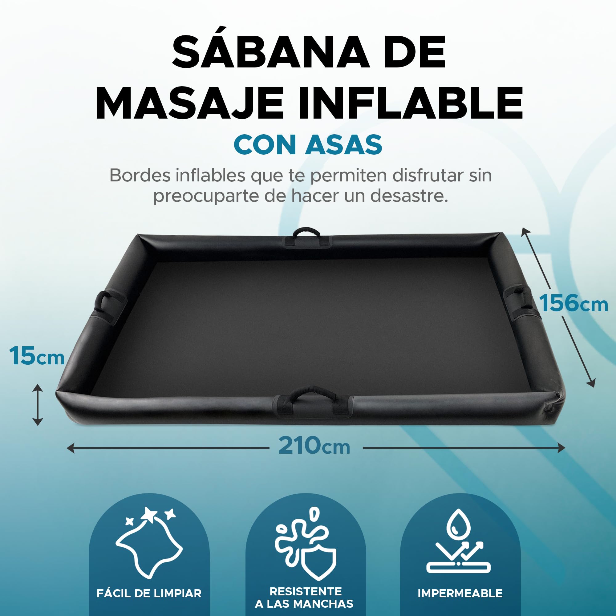 Lámina de Masaje Inflable Nuru con Asas y Lados inflables | PVC Duradero Resistente al Agua | 210 cm x 156 cm x 16 cm | Protección contra Productos a Base de Aceite, Agua y Silicona