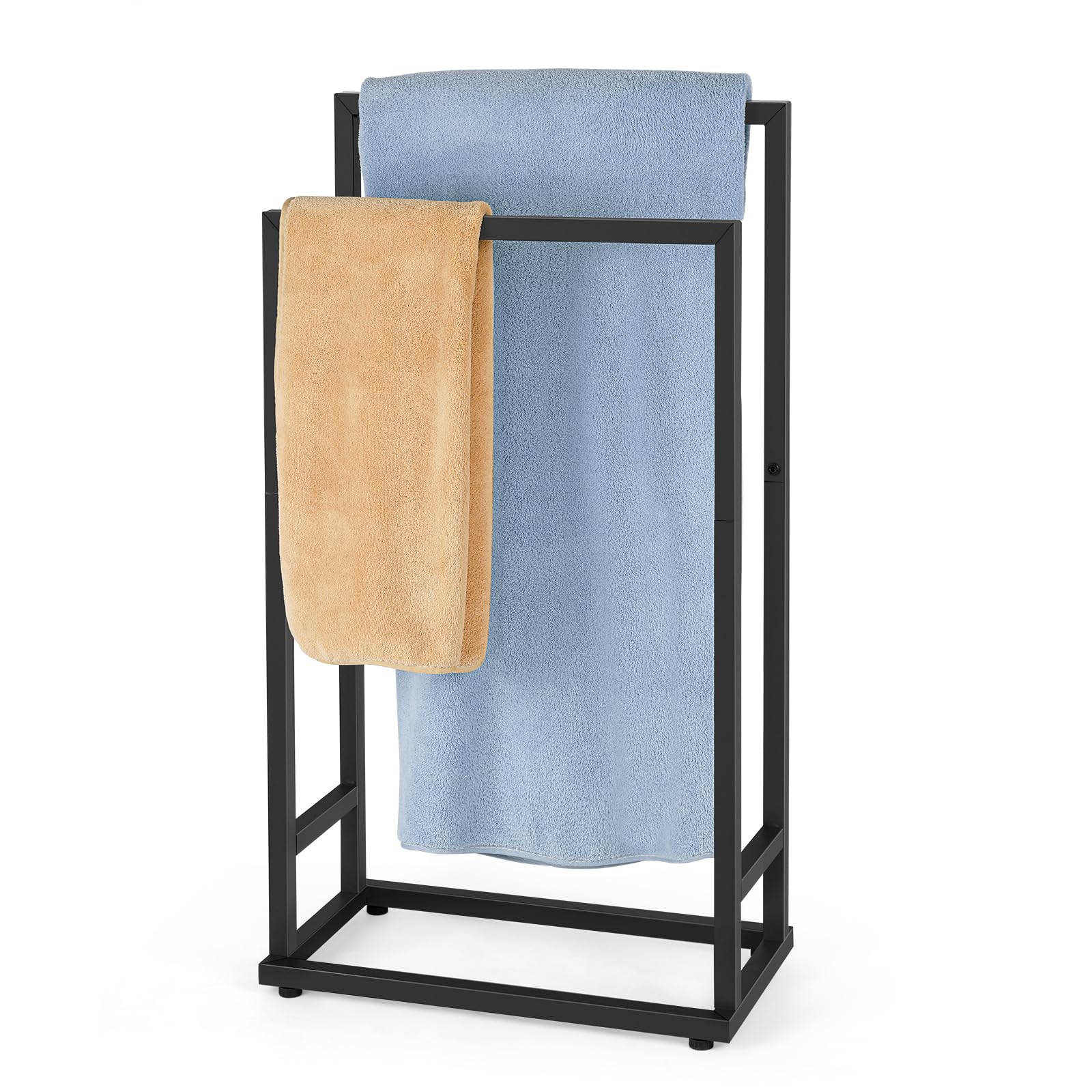 Freestanding Towel Racks 2 Tier Small Towel Holder Stand for Bathroom Matte Black Stainless Steel Industrial Towel Drying Rack for Hand Towels Blanket