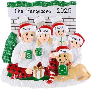 Family Sitting in Front of Fireplace Personalized Christmas Tree Hanging Ornament - Stockings Happy Family Christmas Morning Breakfast Decorative Personalized Joy New Year Ornament (Family of 4)