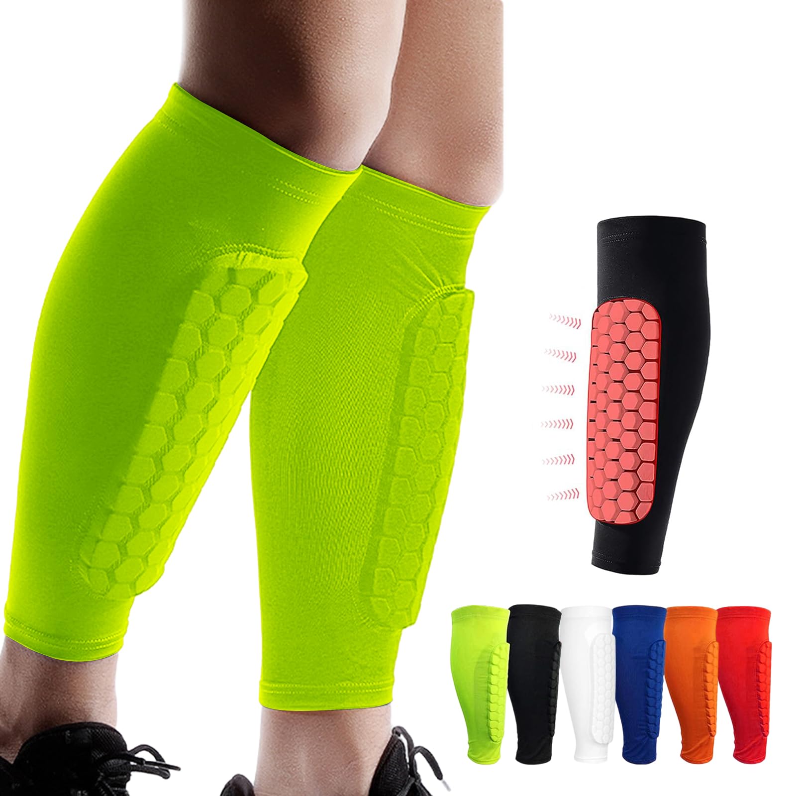 Shindefender Shin Guards Pads, Honeycomb Compression Sleeve Football Shin Guards for Boys, Teenagers and Adults, Soccer Defender Pads with Superior Impact Absorption, Lightweight (Green, M) — image 1