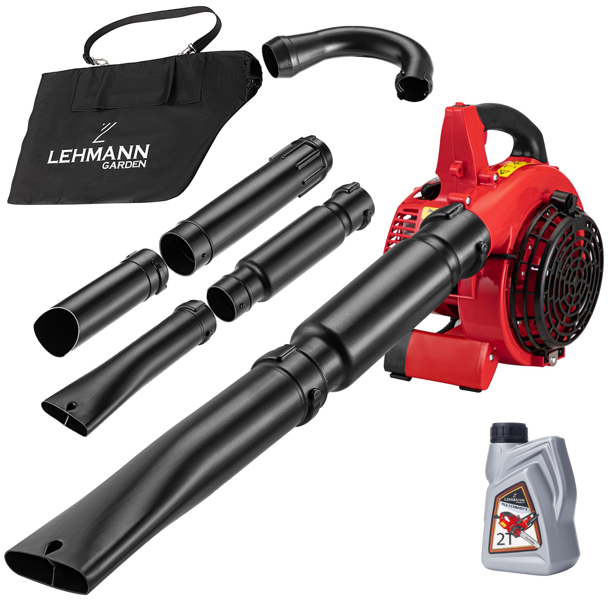 LEHMANN Soffiatore a Scoppio 4in1, Soffiatore a Benzina con Funzione Triturazione, Velocità del Soffio fino 350km/h, 26cc, 2 Tempi, Tracolla & Sacco di Raccolta da 50L, 2 Tubi e 0,5L Olio Miscela