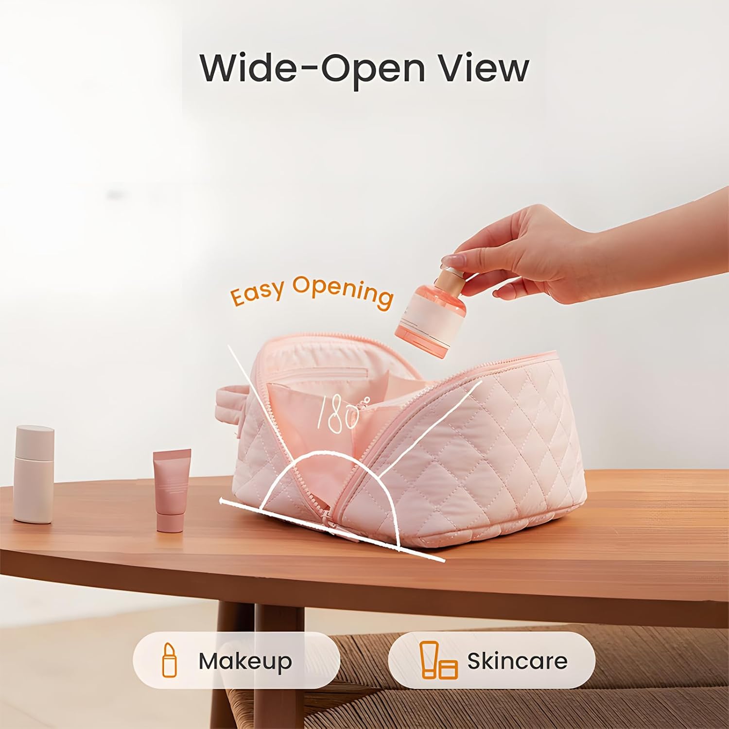 Amposei Makeup Bag Travel Toiletry Bag,Travel Makeup Bag for Women, Puffer Waterproof Cosmetic Organizer, Large Capacity Pouch Open Flat Small Toiletry Bag with Brush Compartment & Handle (Green) - Image 2