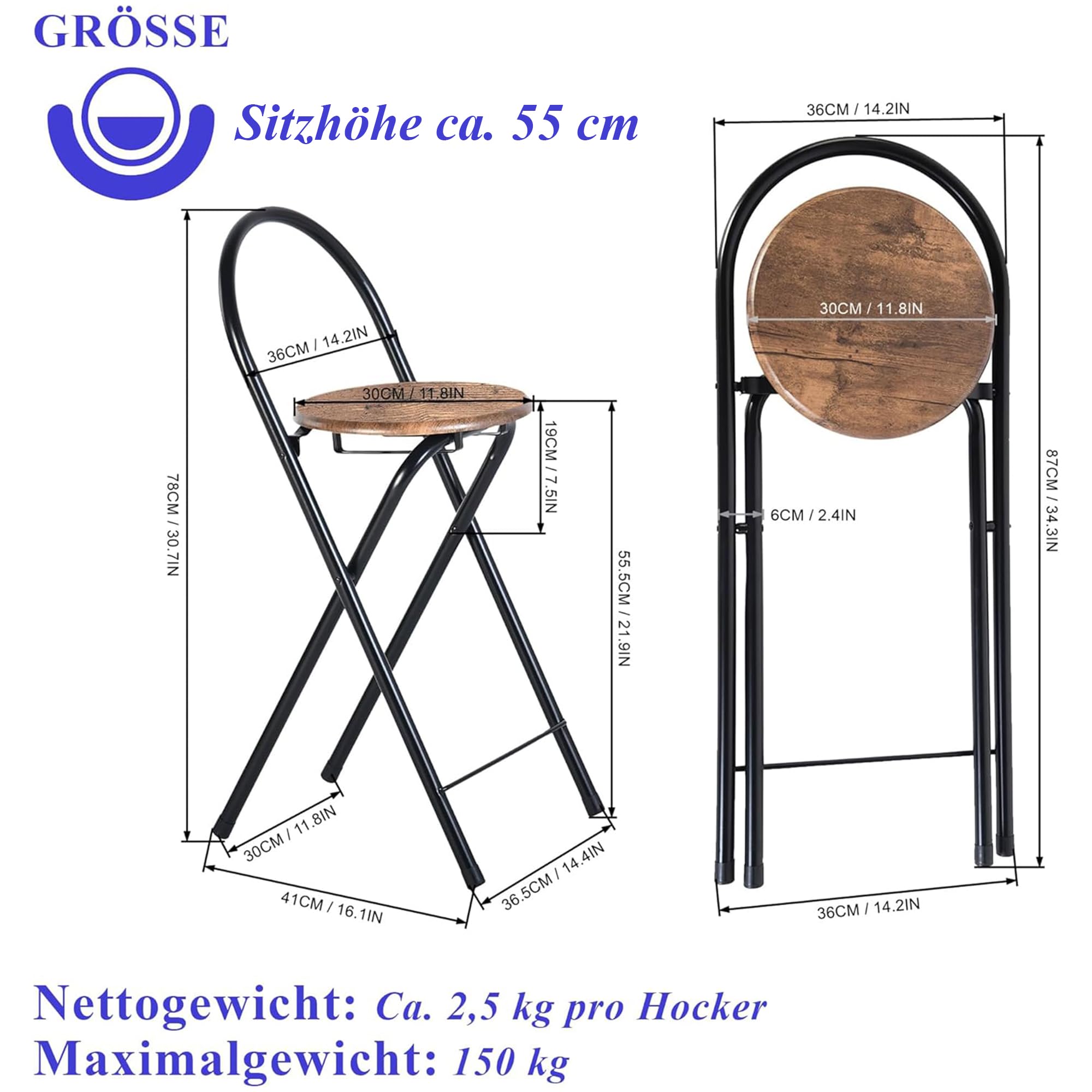 Juego de 2 Taburete Plegable Bar con Respaldo/Marrón/Altura Asiento 55CM