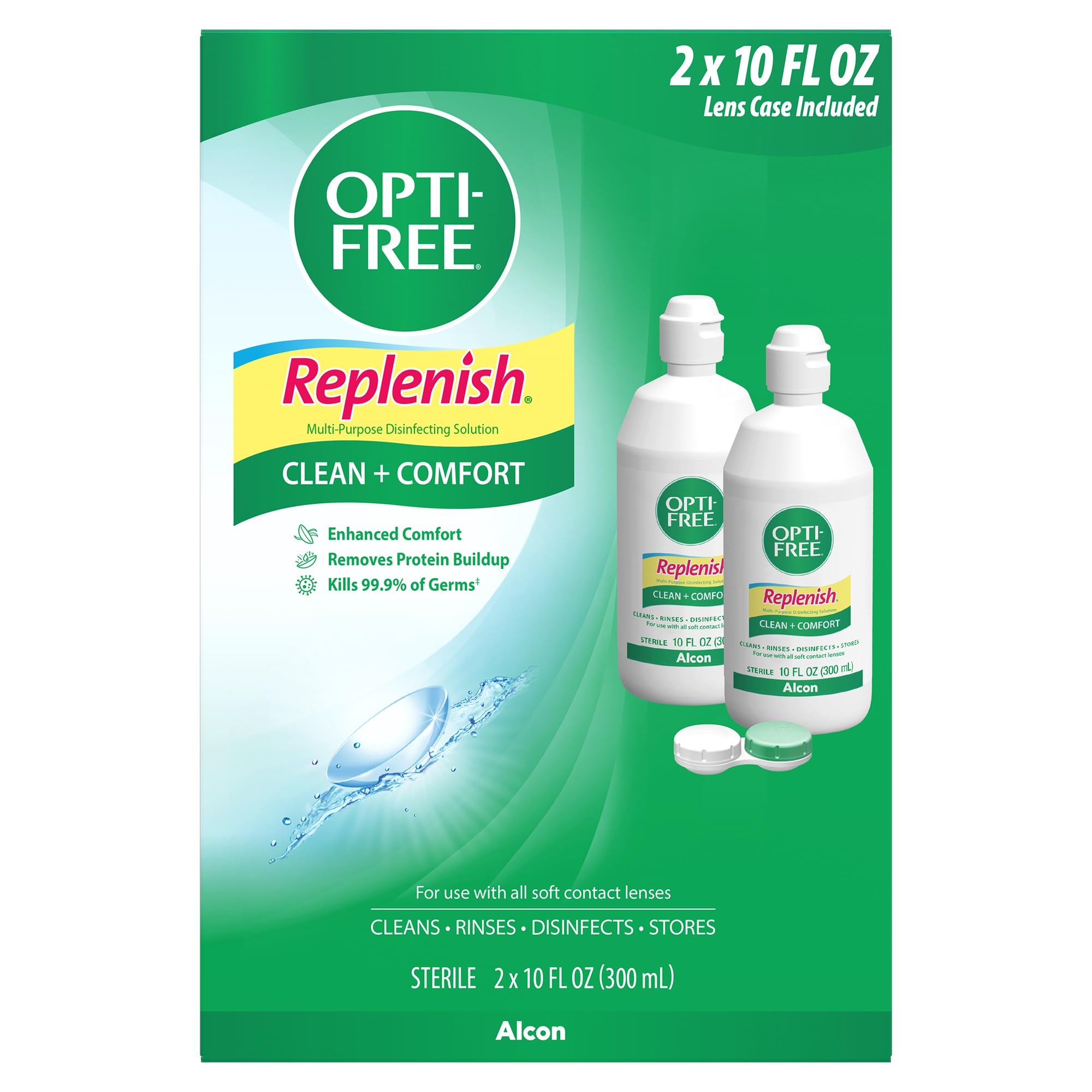 Opti-Free Replenish - Soluzione disinfettante multiuso con custodia per lenti, confezione doppia, 283,5 g ciascuno.