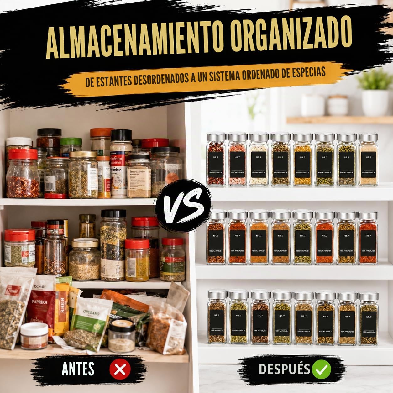 35 tarros de especias cuadrados, 120 ml botes especias cristal, con 120 etiquetas negras bellamente impresas, botes transparentes para especias cocina con tapa de acero inoxidable.