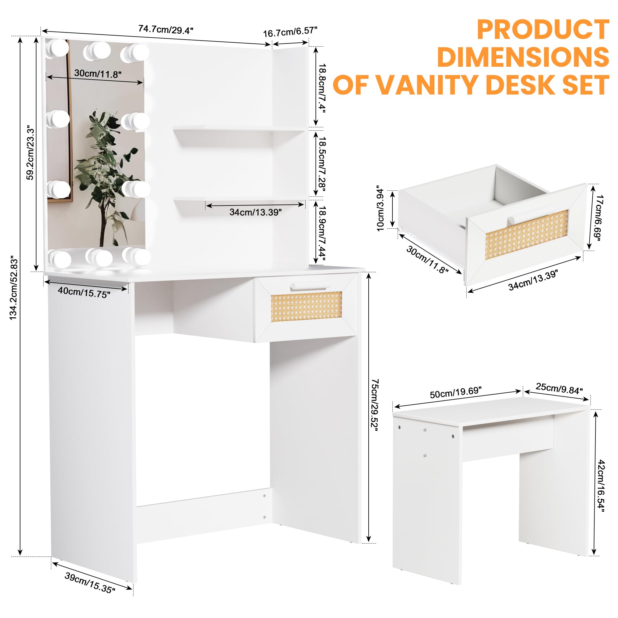 anwickjeff Modern Vanity Desk Sets with LED Lighted Mirror and Storage Drawers, Makeup Vanity Table with Open Shelves & Stool for Bedroom Dressing Room, White (Small Drawer White)
