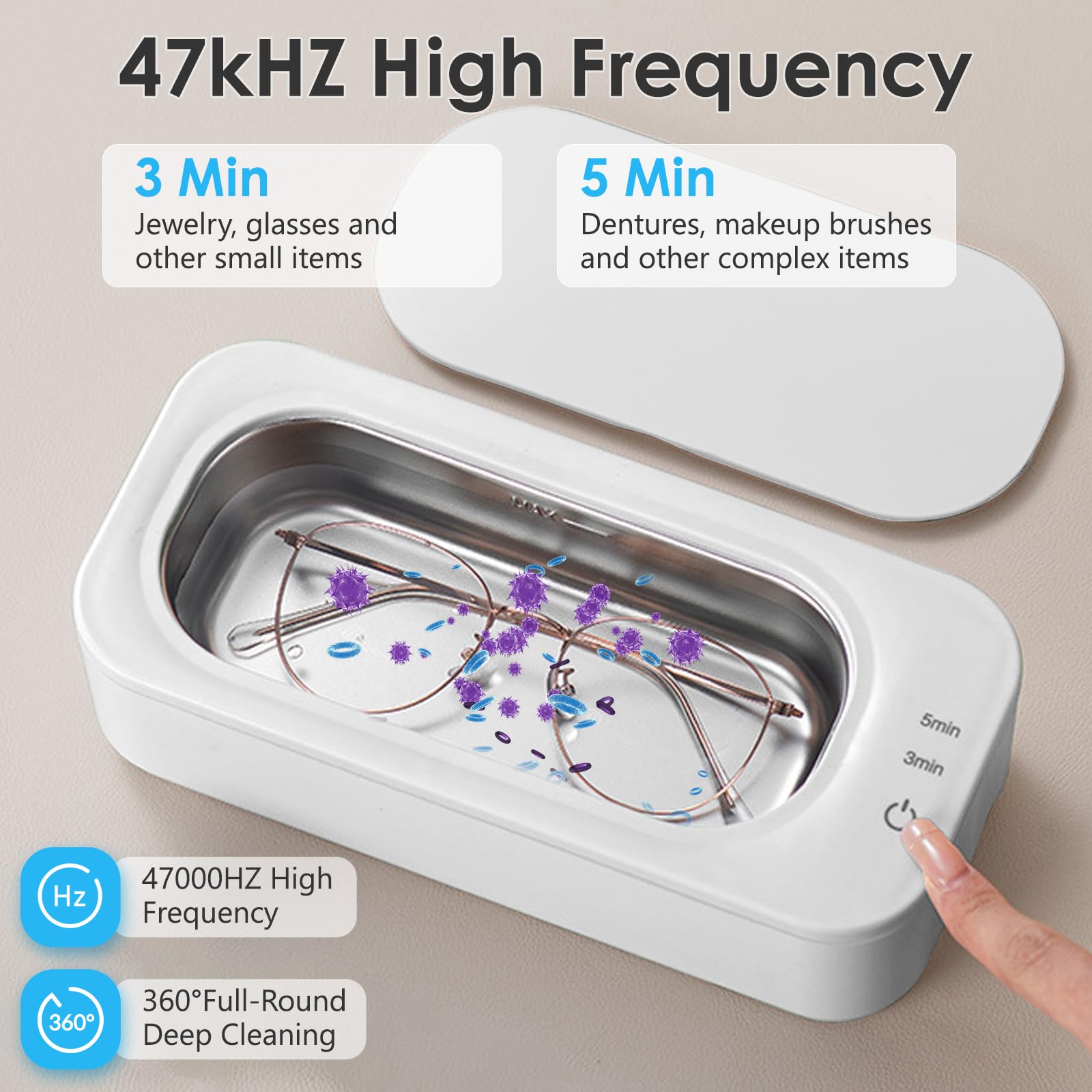 Anluomania Profesjonalny ultradźwiękowy środek czyszczący 350 ml, ultradźwiękowy środek czyszczący 47 kHz, ultradźwiękowa maszyna czyszcząca okulary z 2 trybami czyszczenia, ultradźwiękowe czyszczenie