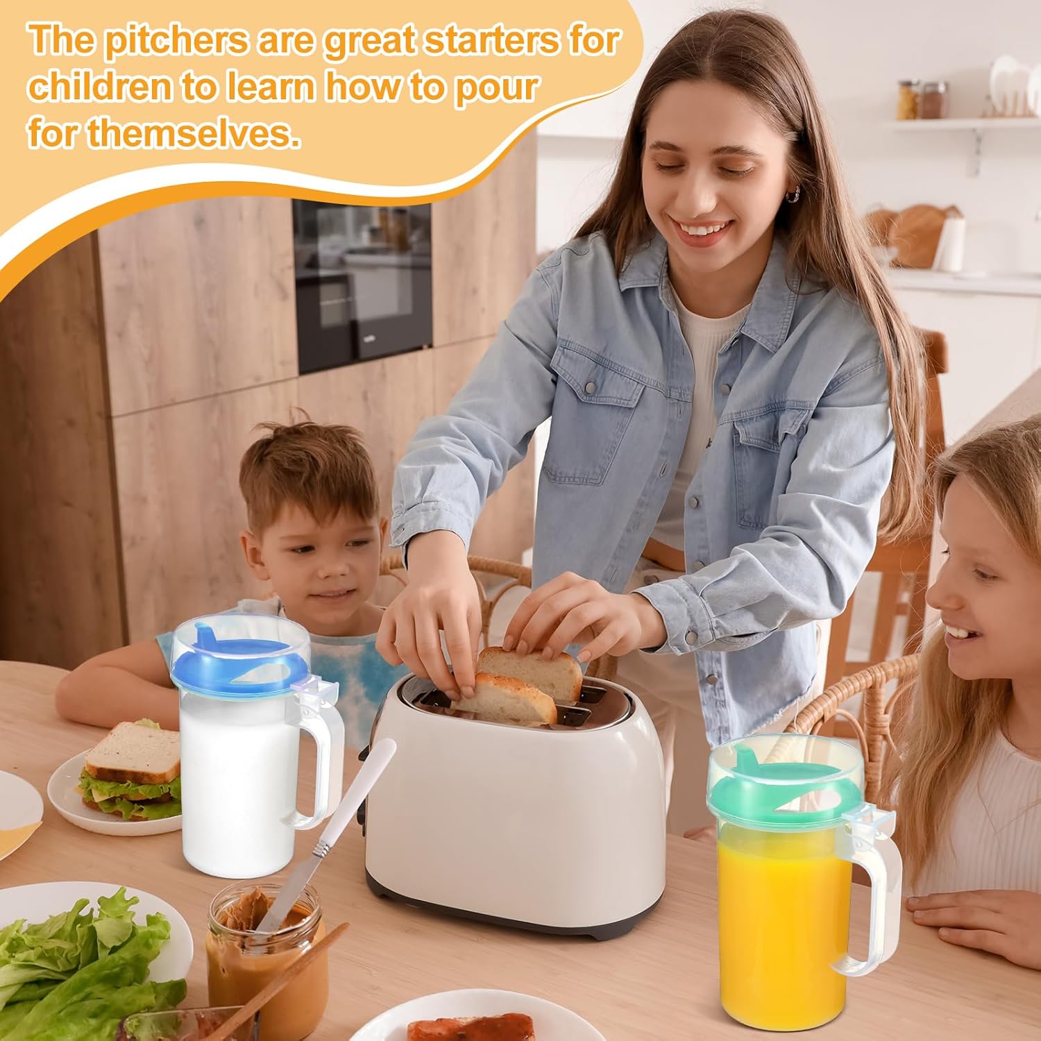 6 Pack Early Learning Kids Easy Pouring Mini Pitchers Clear Plastic Pitcher with Lid and Handle Easy Pour Bottles 16 Oz. Jugs with Lids for Classroom Nursery Home (Colorful)
