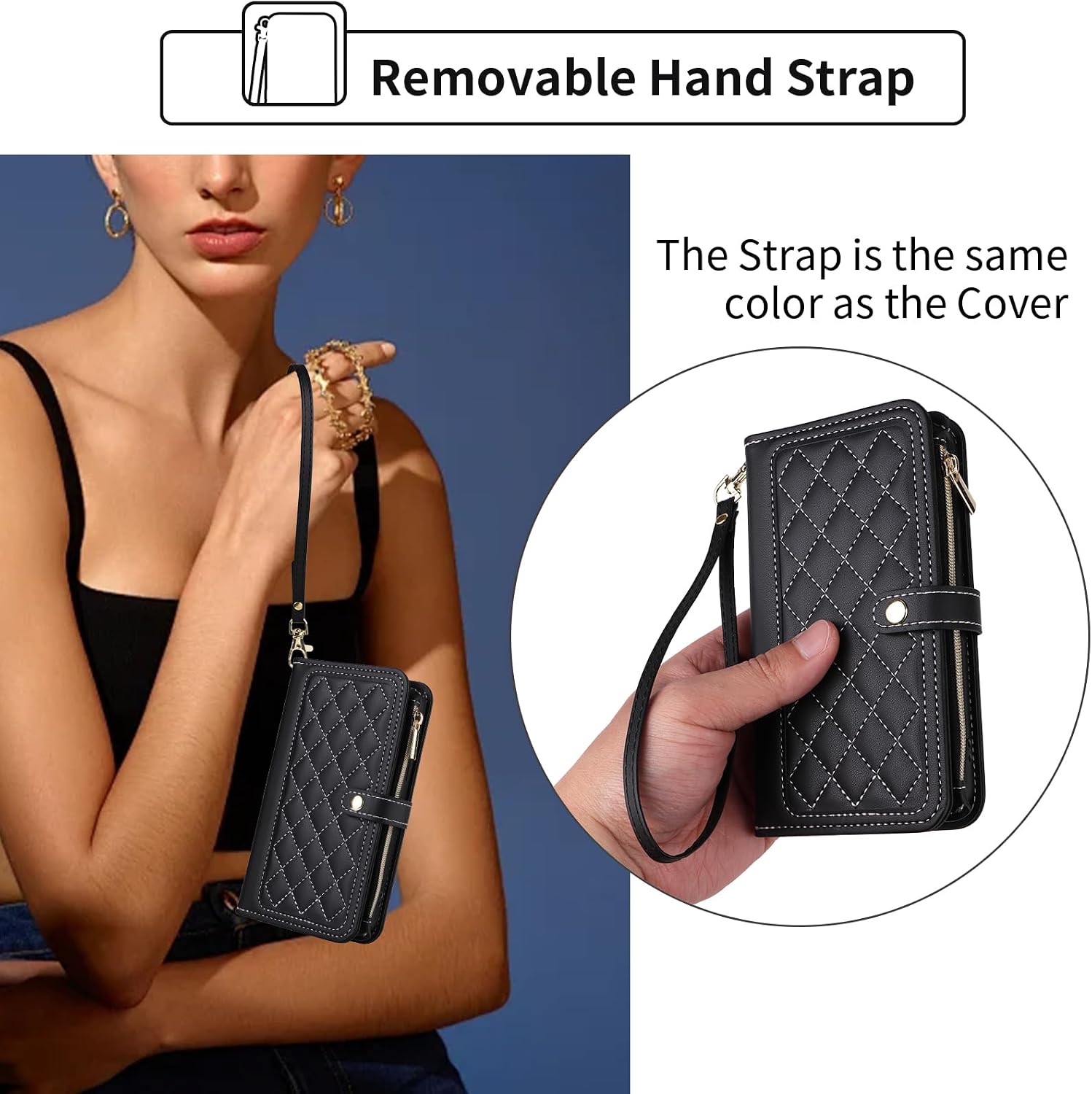 Wallet Case for Samsung Galaxy A16/A17/A26 5G with Wrist Strap Flip Zipper Credit Card Holder Soft Stand Argyle Pattern Phone Cover for A 16 17 26 16A 17A 26A 4G SM-A166U Women Girls Black