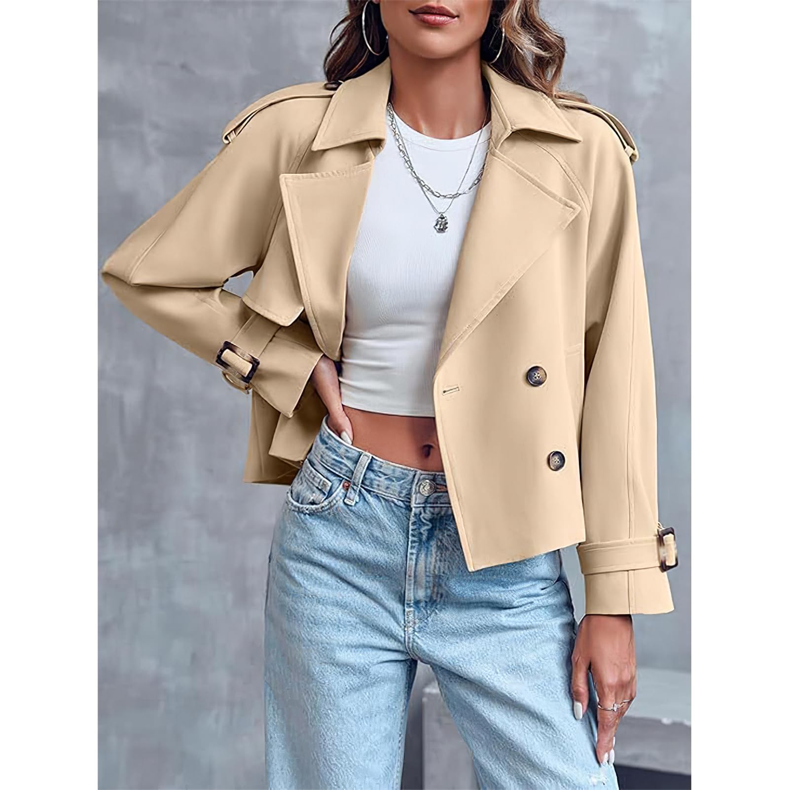 Momuk Gabardina Recortada para Mujer Manga Larga Casual Solapa Suelta Doble Botonadura Chaqueta Corta Outwear con Bolsillos