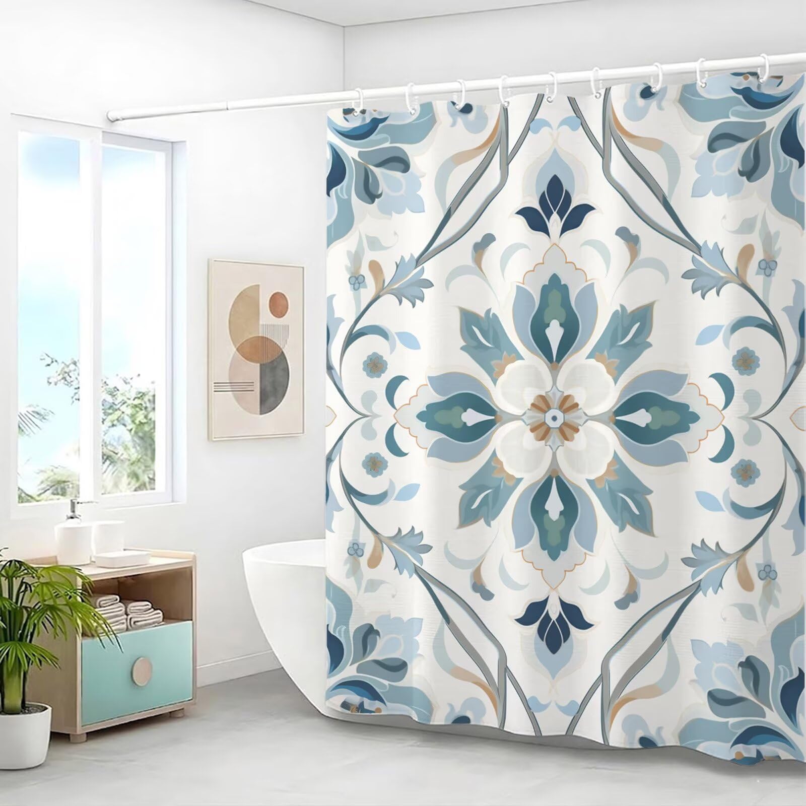 Wasserdichter Duschvorhang Anti-Schimmel 200x240 cm, Waschbar Schnelltrocknend Textil Stoff Polyester Duschvorhang Weiß Shower Curtain mit Gewicht und 12 Ringe für Badewanne, Badezimmer, Mandala J8-29