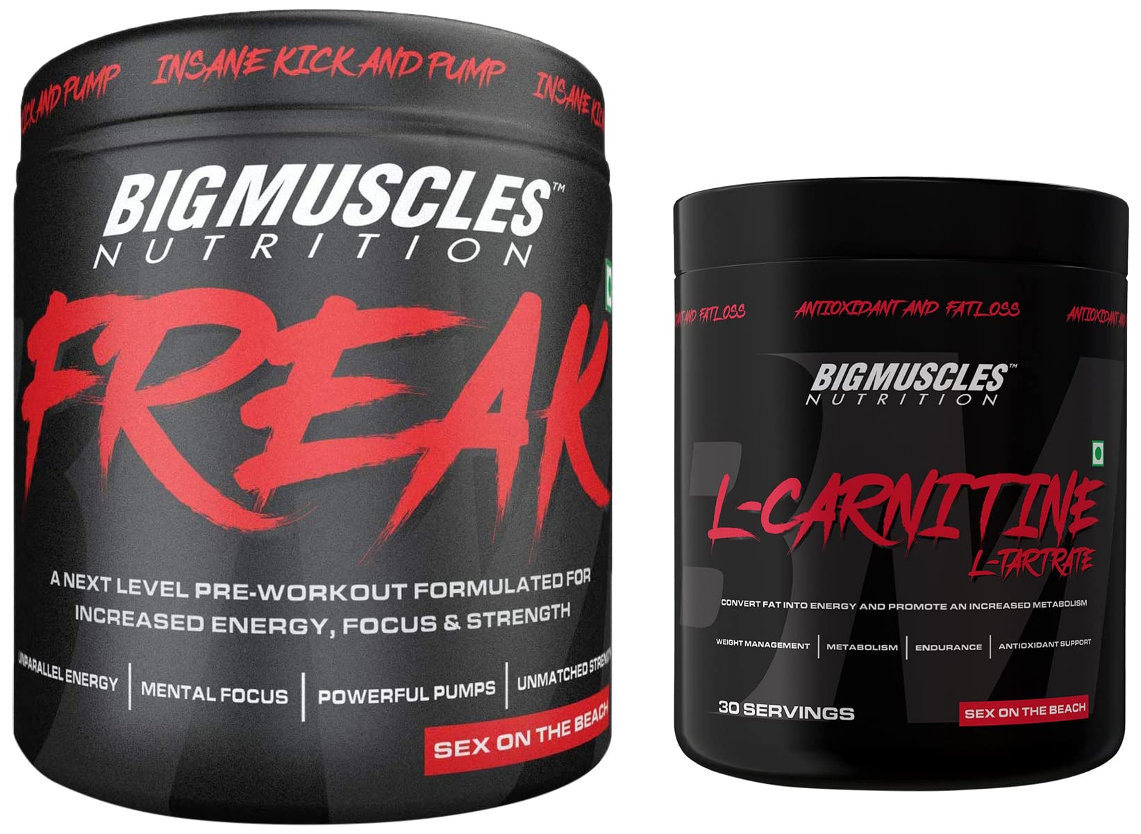 Bigmuscles Nutrition Freak Pre-Workout Sex on the Beach [30 Servings, Pack of 180g powder] & L-Carnitine L-Tartrate Powder [30 Servings, Sex On The Beach] | 2000 mg