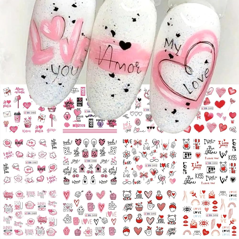Valentine's Day Nail Art Stickers Decals Heart Love Letter Water Transfer Nail Decals Cute Bear Kiss Lips Valentine Nail Art Design Supplies Manicure Nail Sliders for Women Girls DIY Nail Decorations