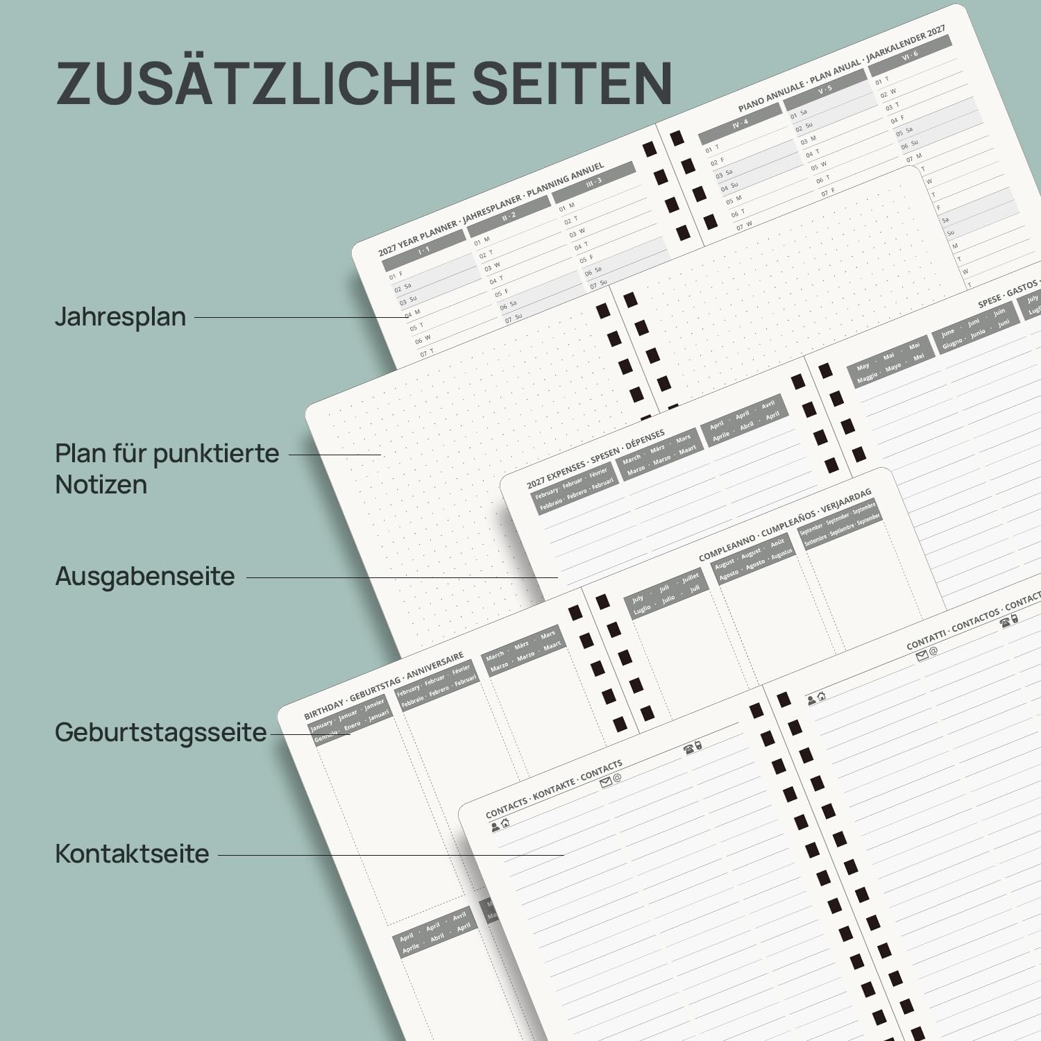 POPRUN Tagesplaner 2026 2027 Ringbuch mit Hardcover 21,5 x 14,5 cm, Tageskalender A5 1 Tag 1 Seite (Montag - Sonntag), Terminplaner (Aug.2026-Jul.2027) mit Plastiklineal (Pazifikgrün)