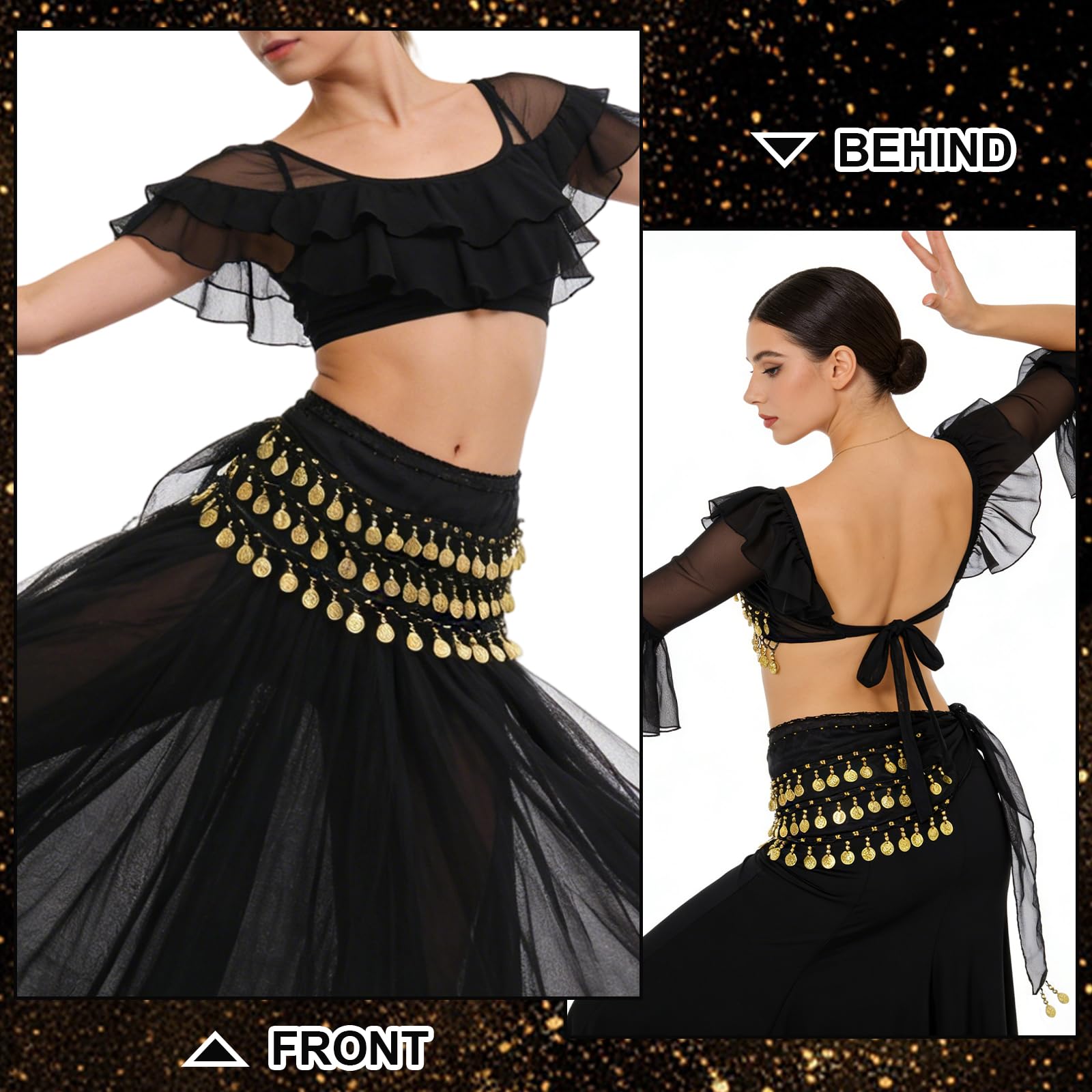 Cinturón Danza del Vientre Negro 2 Piezas, Falda de Gasa 145 cm, Traje de Actuación para Mujeres