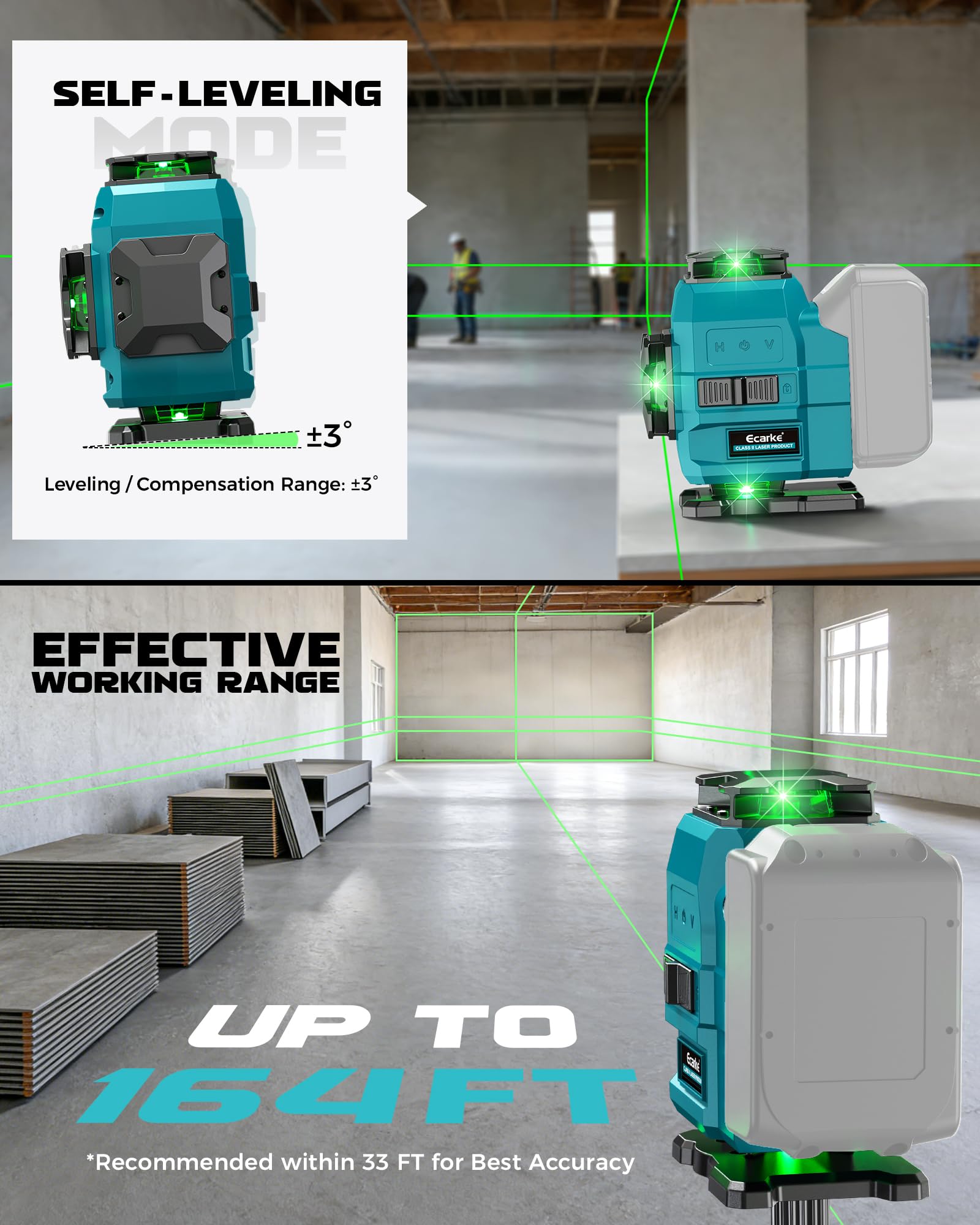 Ecarke Nivel Laser 4D con 16 Líneas Horizontales, 4x360°, Trípode, Compatible con Batería Makita 18V, Nivel Láser Autogestionado para Obras de Construcción, Azulejos y Renovación (Solo Herramienta)