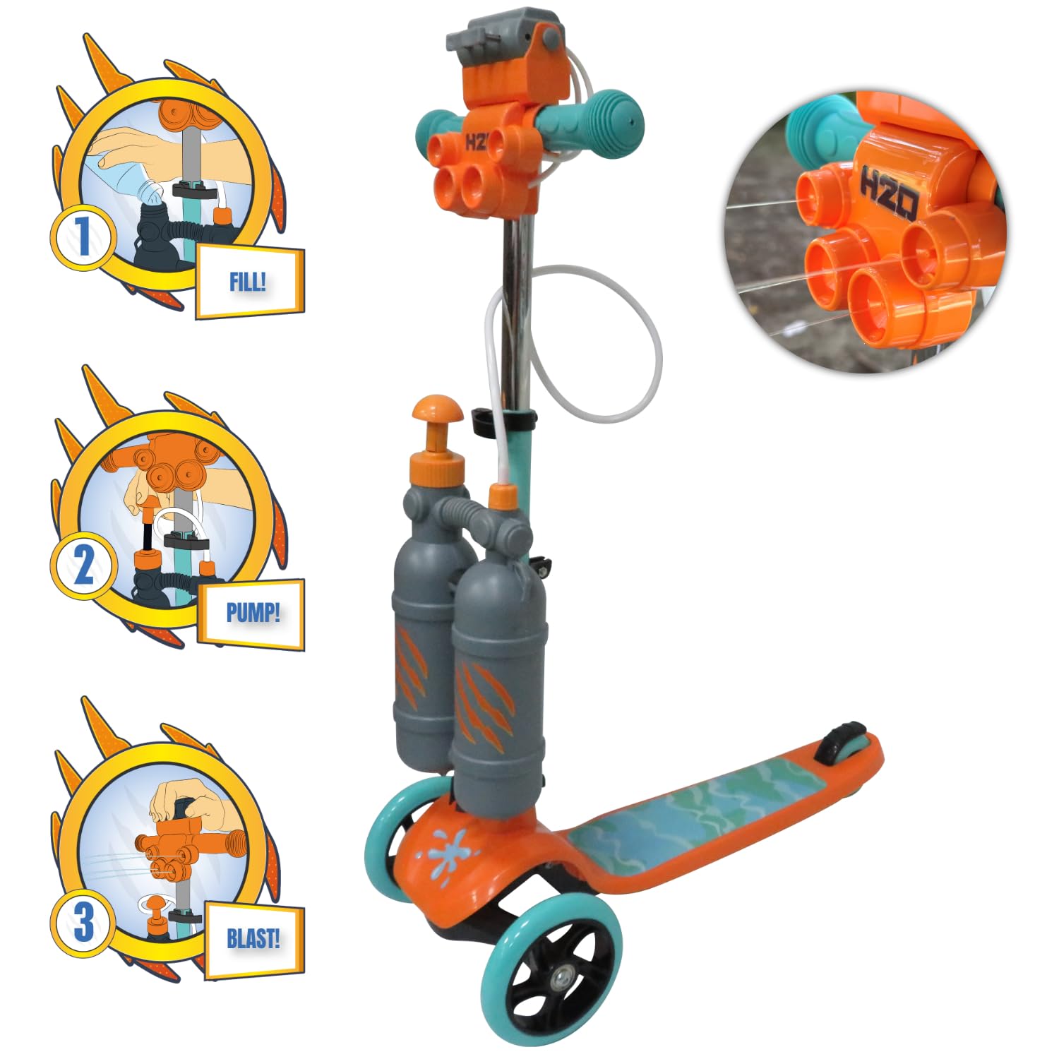 Keyriders 3-Wheel Kids Scooter with Water Blaster – Height Adjustable, Lightweight, 4 Jet Streams Launch up to 5m, Anti-Slip Foot Plate & Rear Brake – Safe Outdoor Ride-On Toy for Kids Ages 3+