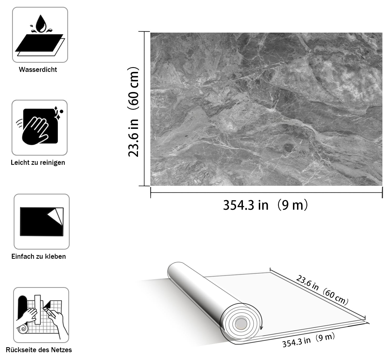 JSEVEM Papel pintado autoadhesivo de mármol, 60 cm × 9 m, de ancho, grueso, color gris, efecto mármol, autoadhesivo, papel pintado adhesivo gris con aspecto de mármol de vinilo, resistente al agua,