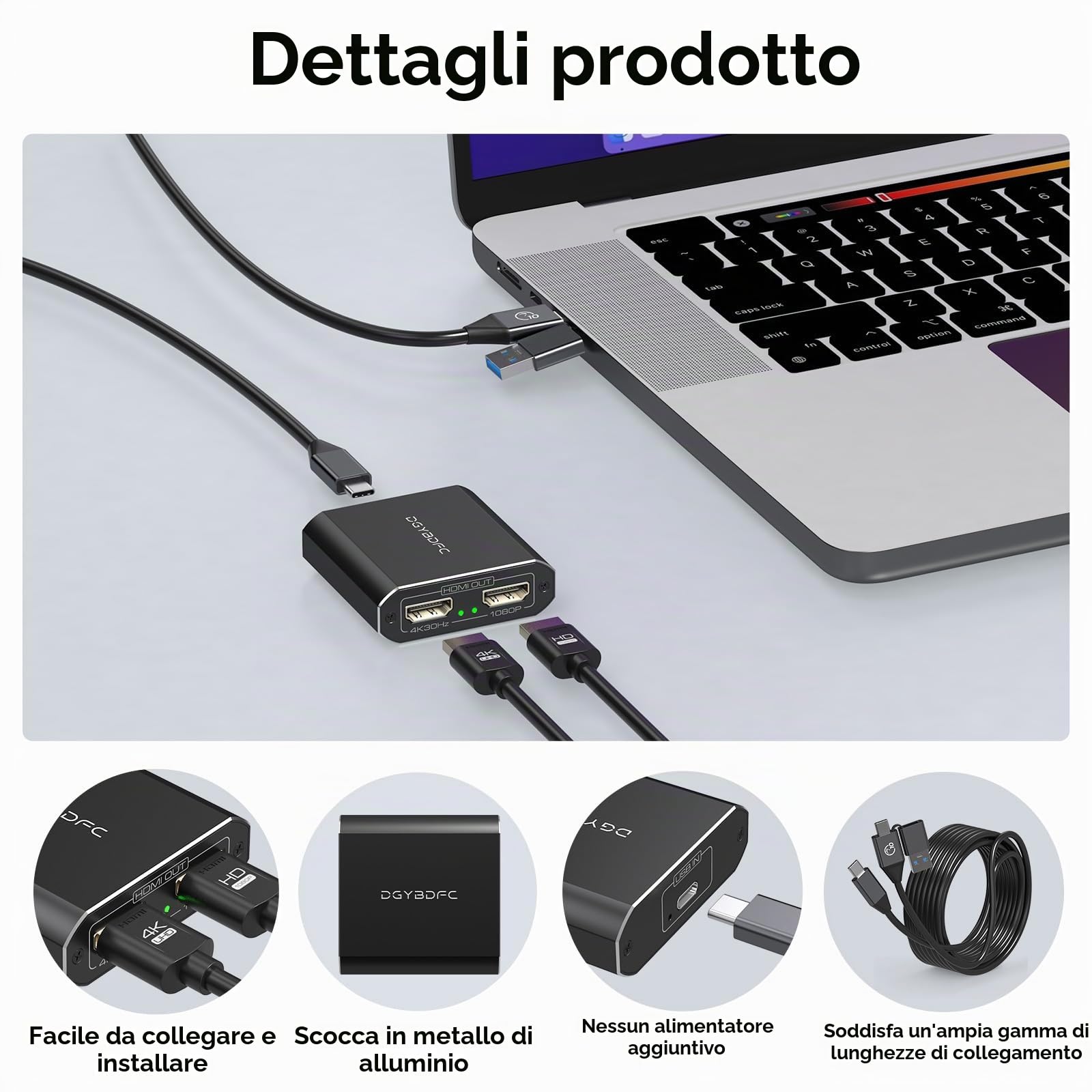 Adattatore da USB 3.0 a HDMI 1 in 2 out Display Esteso Doppio Monitor USBA e USBC a 2 Splitter HDMI 4K 30Hz+1080p 60Hz per Laptop MacOS Supporta la Modalità MST/SST con Cavo da USB-A/C a USB-C