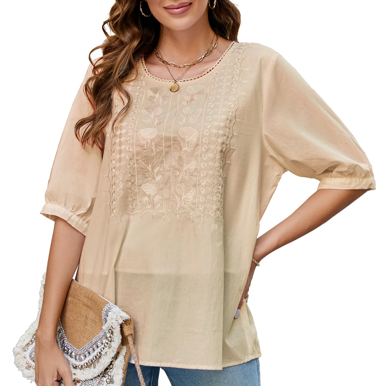 drakloakWomen's 3/4 Sleeve Cotton Casual Tops,V Neck Embroidery Blouse for Women,Jacquard Blouses Loose Tops t-Shirt