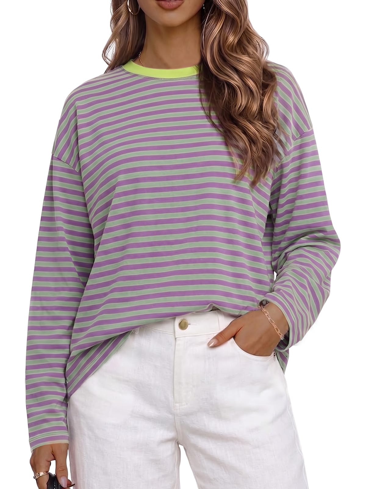 Cuptacc Langarmshirt Damen Gestreiftes Oversized Sweatshirt Herbst Casual | Rundhals Sweatshirts,Streifenshirt,Lockere Pullover,Lässiger Longsleeve,Loose Fit Oberteile,Streetwear Shirt Langarm