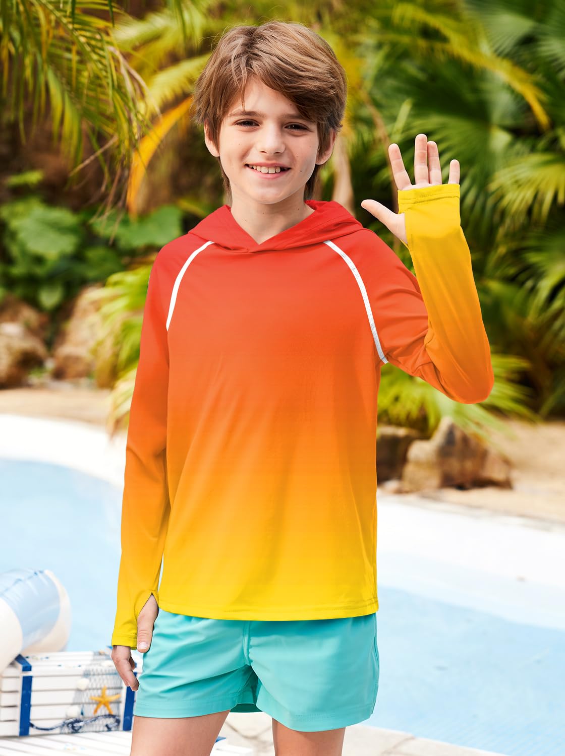 BesserBay Koszulka chłopięca UV z długim rękawem z kapturem UPF50+ Rashguard dzieci 120-160