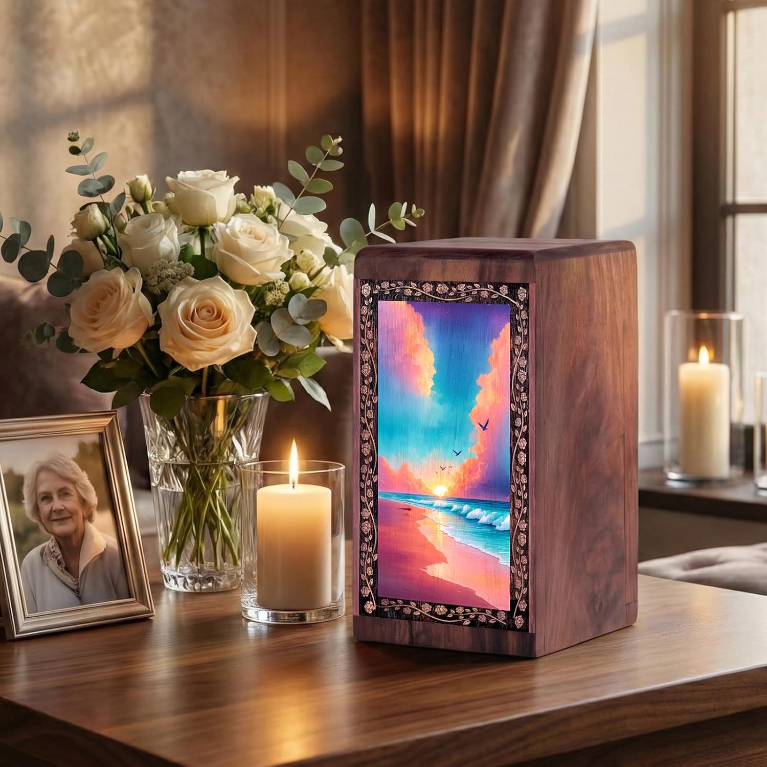 Beach Urns - Custom Wooden Urn for Ashes Adult - 11 Inch Large Personalized Urn for Ashes - Handcrafted Wood Cremation Urns for Adult Male - Wooden Box - Burial Ash Holder