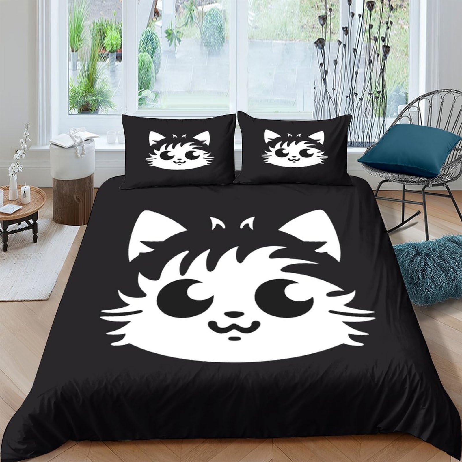 Housse de couette chat noir et blanc 200x200 cm avec 2 taies d'oreiller
