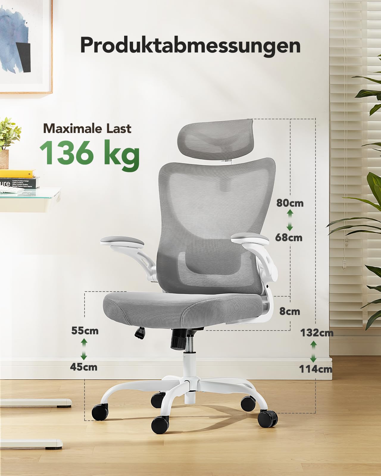 Marsail Silla Escritorio Ergonomica: Silla Oficina de Computadora con Respaldo Alto de Malla y Soporte Lumbar Ajustable Silla Giratoria para Tareas Trabajo con Ruedas, Reposabrazos 3D y Reposacabezas