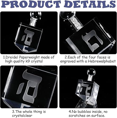 Miniatura 3 de Hiboom 2 piezas de pisapapeles Dreidel de cristal transparente con letras hebreas, figuras de vidrio coleccionables, pisapapeles de vidrio