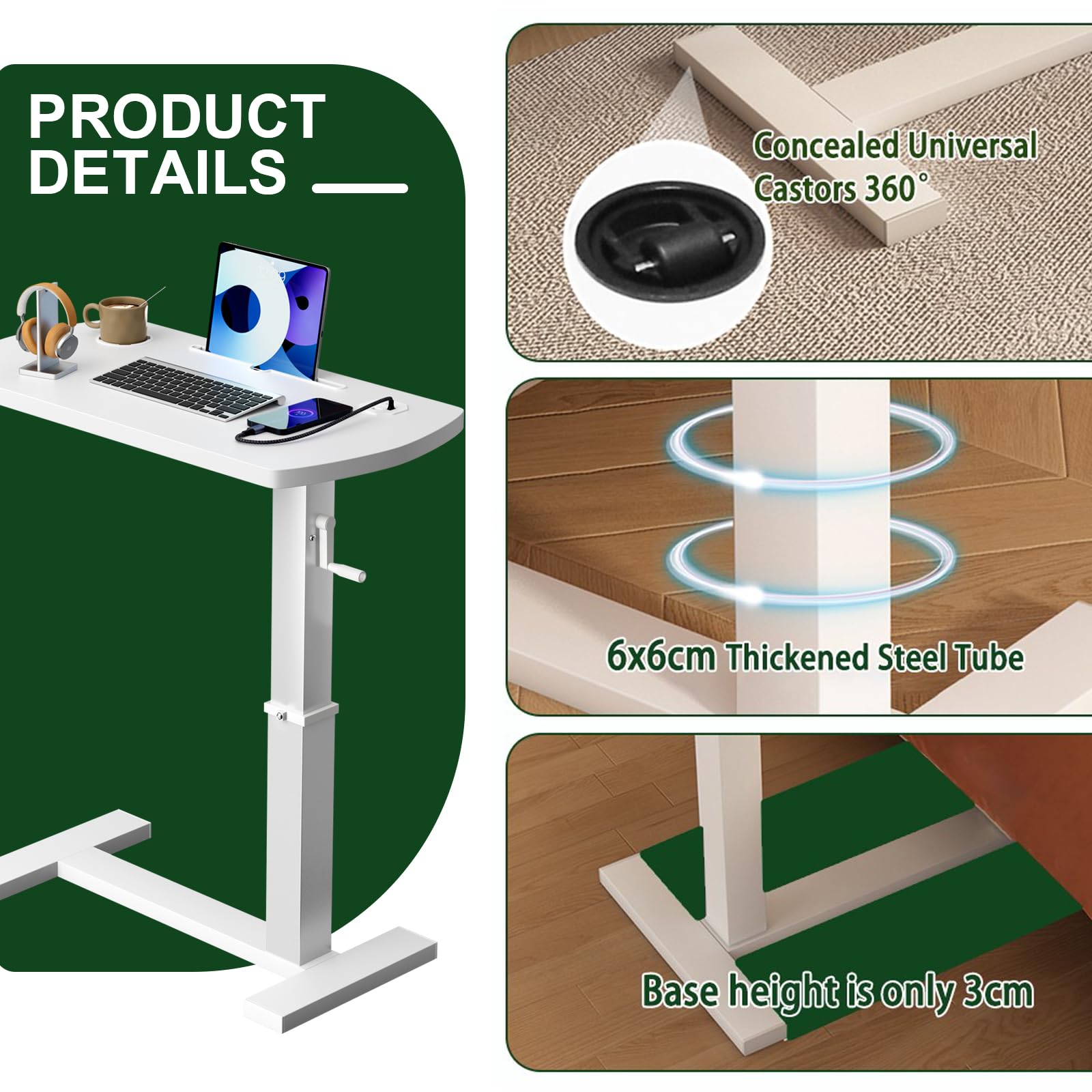 Mesa Auxiliar de Sofá en Forma de C, Mesa Auxiliar para Ordenador, Altura Ajustable Escritorio Laptop Móvil, para Dormitorio, Salón, Oficina, Multitable