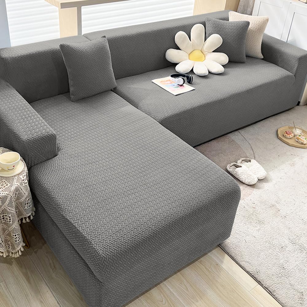 Sofabezug l Form, Jacquard Stretch Sofabezug, verdickter weicher und bequemer Stoff, Sofaschoner rutschfest für Wohnzimmer, staubdicht, Maschinen waschbar (Light Grey,3-Seater 190-230cm)