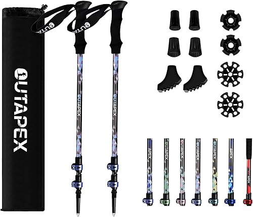 OUTAPEX Bastones de trekking de fibra de carbono Cerraduras de metal de ajuste rápido, paquete de 2 piezas, ligeros, ajustables para senderismo o