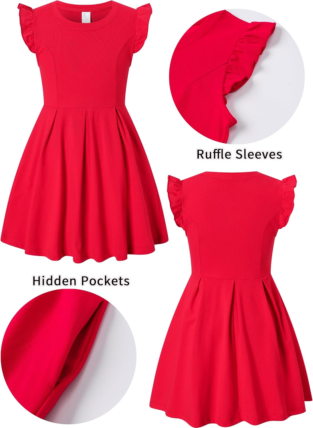 Girls Ruffle Sleeve Skater Dress HiddenPockets Stretchy Cotton Knee Length Casual for School Party Daily Wear 4-14Y