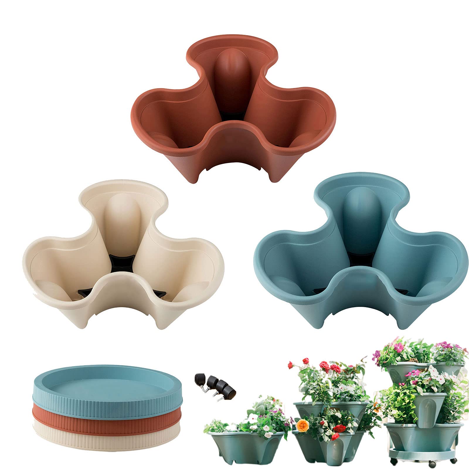 Fioriera da giardino impilabile a 3 livelli, autoirrigante, verticale, per piantare fragole, vasi per erbe aromatiche, multicolore, vasi da giardino impilabili con design a tre petali