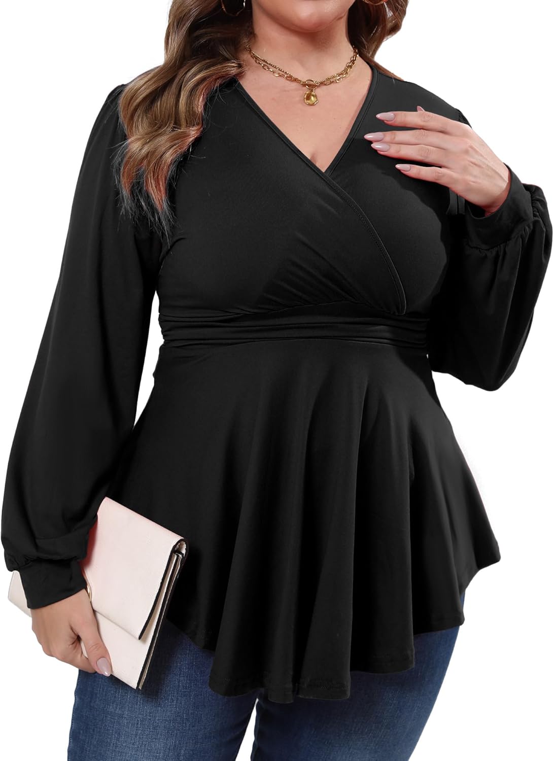 Gocolloa Plus Size Tops for Women Lace Long Sleeve Fall Shirts Casual Dressy Wrap V Neck Pleated Tunic Top