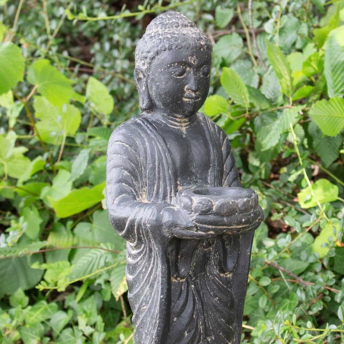 Buddha Figur stehend Kerzen Skulptur Stein Lavasand Bali Buddha Gott Garten Deko Teelichthalter 50 cm