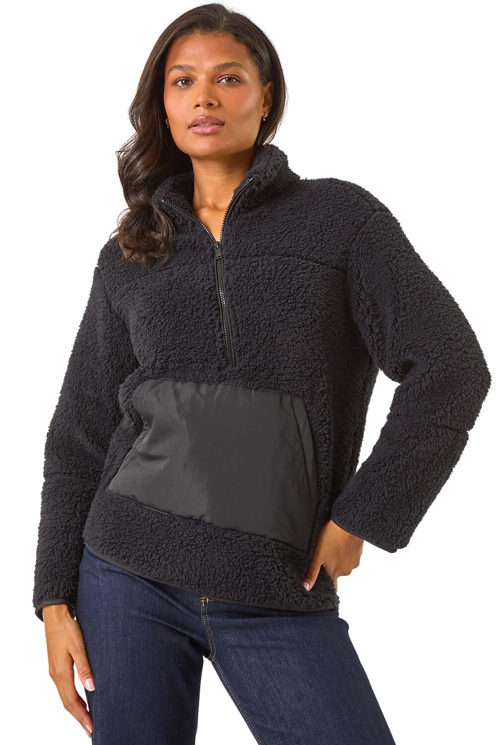 Roman Women's Black Funnel Neck Half Zip Fleece Jacket Size 20