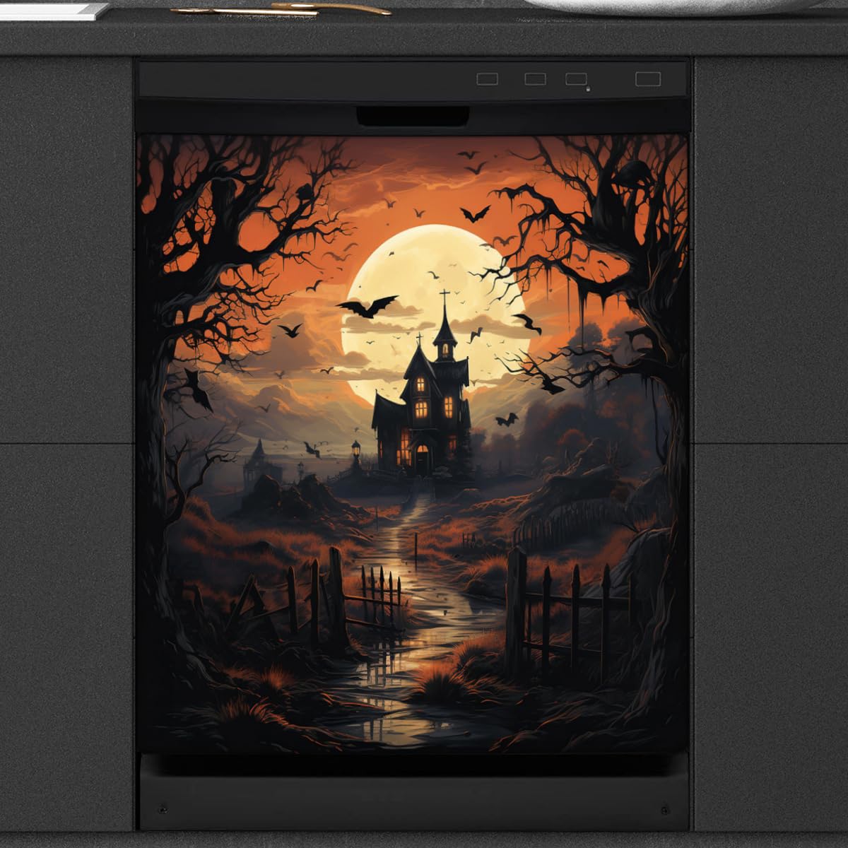 Magnétique pour lave-vaisselle halloween cuisine déco lune arbres