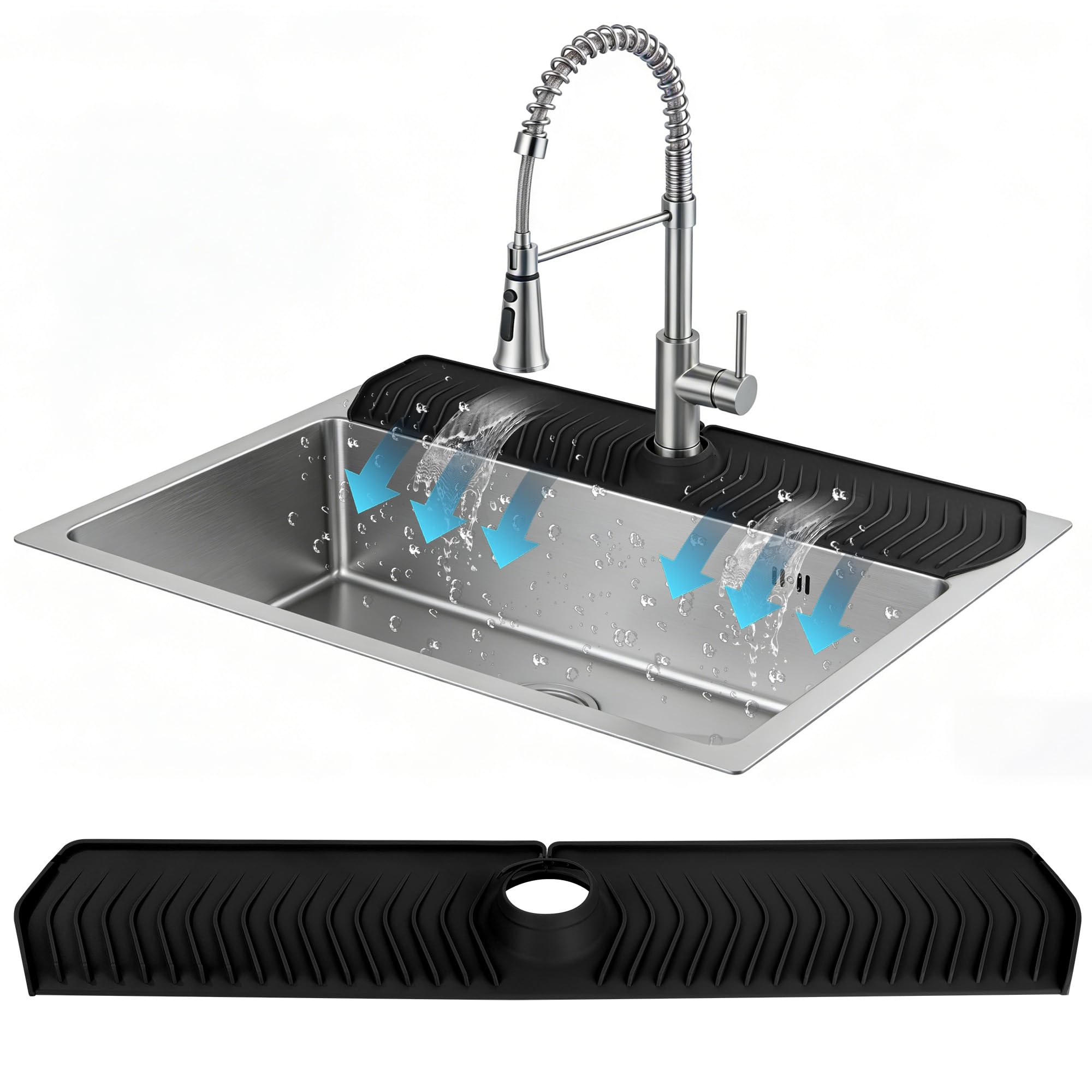 Extra Long Silicone Faucet Mat, 76cm Double-Sided Drain Pad for Kitchen Sink & Bathroom, Flexible Splash Guard with Center Hole, Non-Slip, Easy to Clean, Fits Most Faucets (Black)