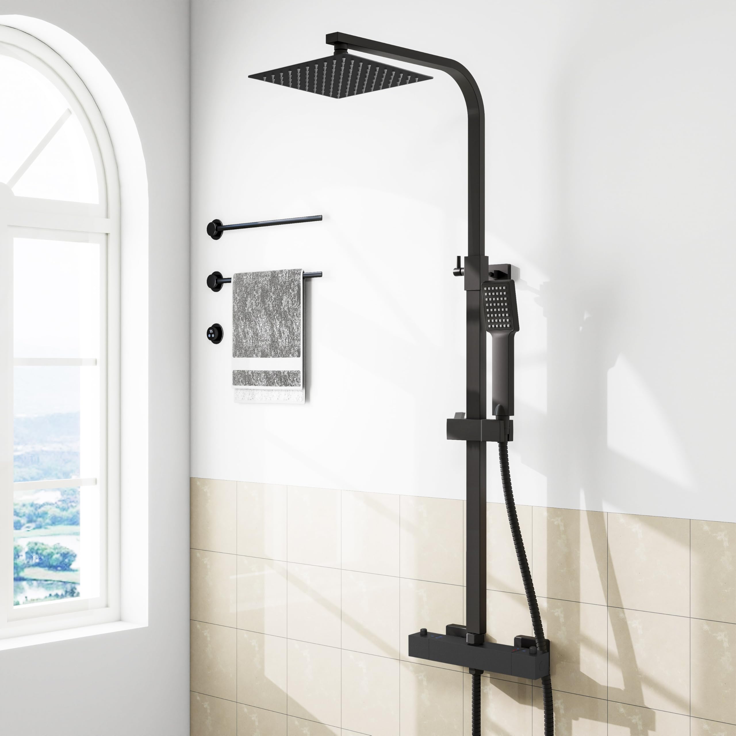 Sline Sanitary Black Thermostatic Mixer Shower Set, Square Bathroom Thermostat Shower System With Adjustable Height 8" Overhead Rainfall Shower Head And Handheld Shower