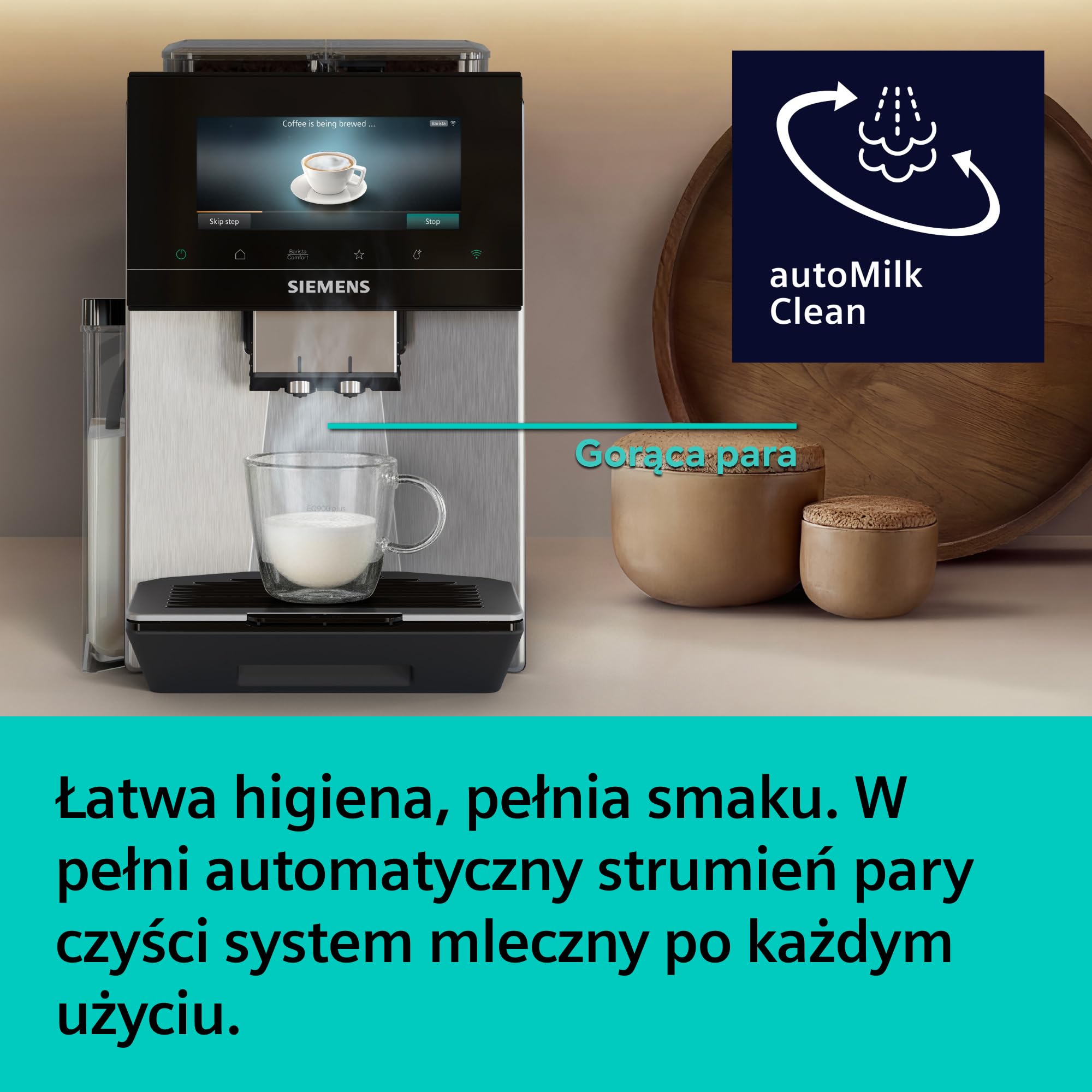 Siemens, automatyczny ekspres do espresso, EQ900 iAroma, spersonalizowane ustawienia smaku, precyzyjne mielenie, duży wyświetlacz, dwa pojemniki na ziarna, stal nierdzewna, TQ927E03