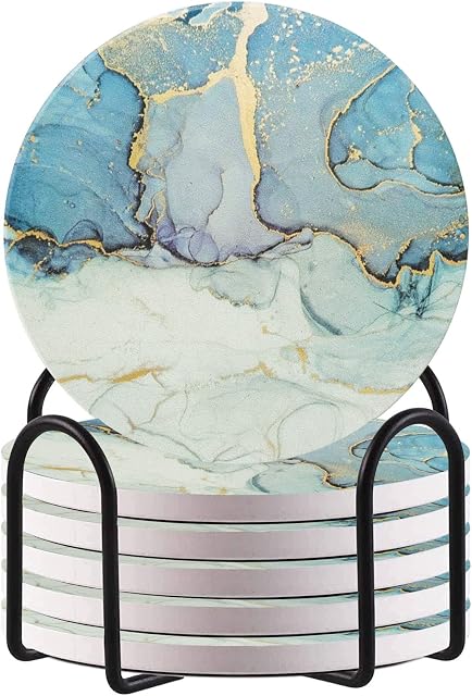 HAOCOO Drink Round Coasters with Holder (Set of 6), Absorbent Ceramic Coasters with Non-Slip & Scratch-Resistant Cork Base (Gray blue)