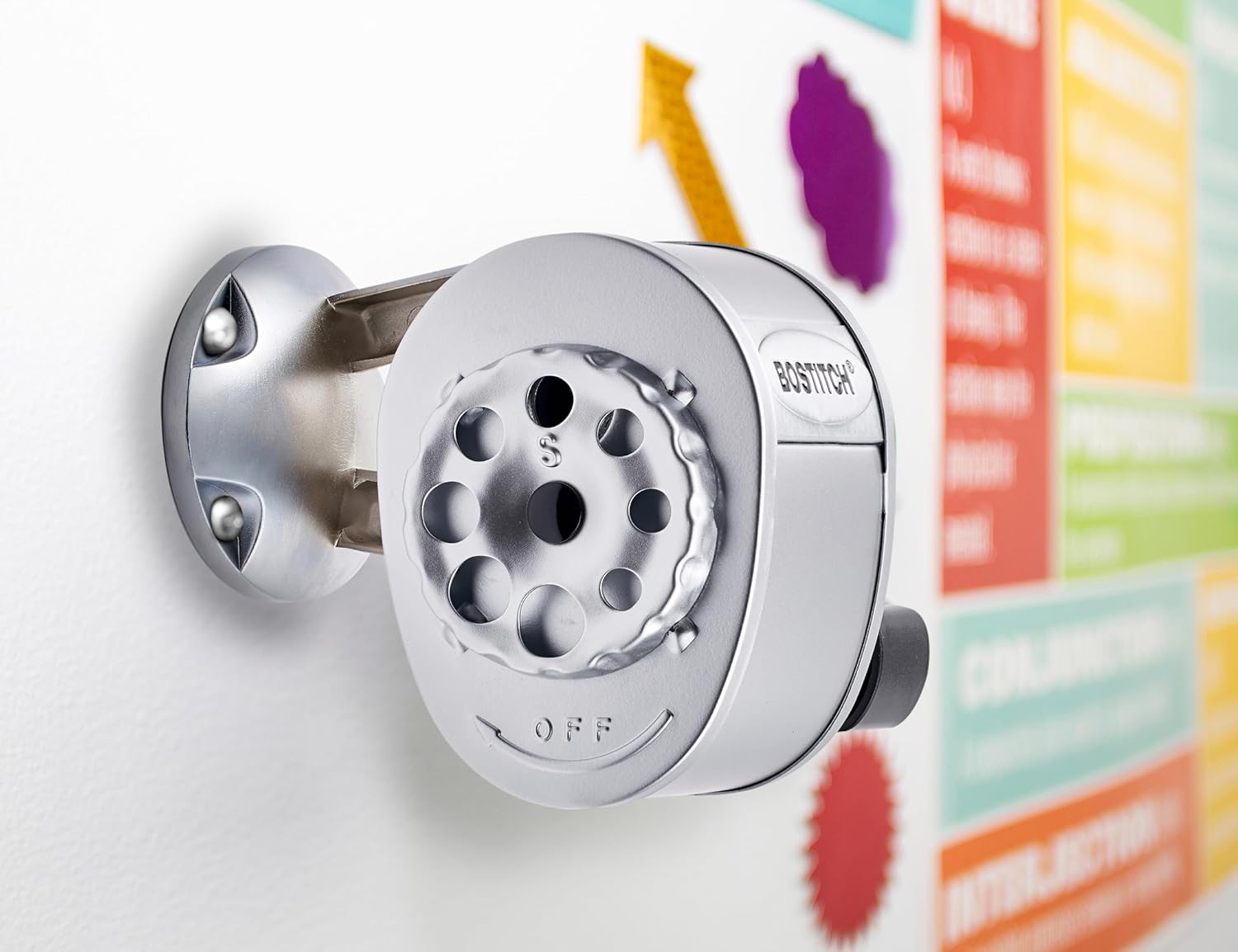 Bostitch オフィス壁取り付け手動鉛筆削り、チップセーバー、8穴ダイヤル、6倍長いカッター寿命、垂直または水平取り付け、シルバ