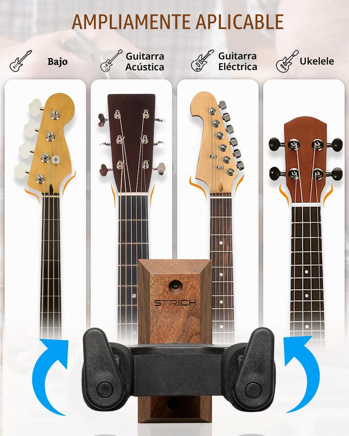STRICH Soporte de pared para guitarra, nogal, en forma de U con tornillos, gancho de bloqueo automático para guitarra acústica, guitarra eléctrica, banjo, bajo (paquete de 2)